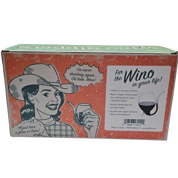 “WINO” Wine Sippers 2 w/Glass Straws New Vintage in box Clear glass with feet - Picture 3 of 8